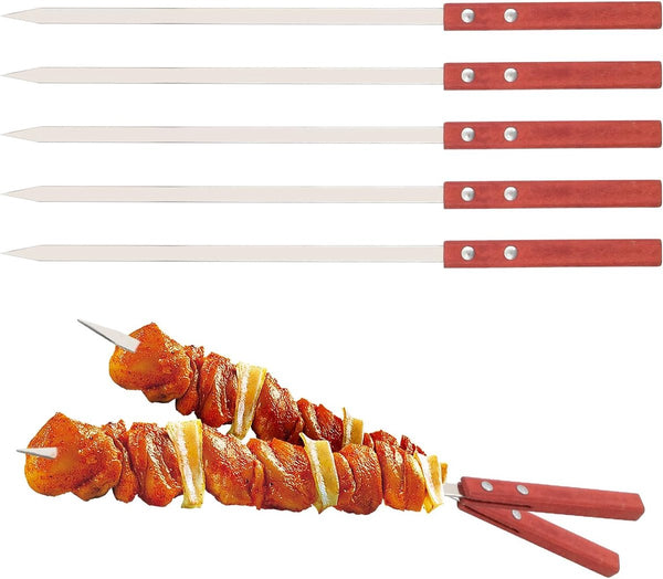 Barbecuespiesjes, roestvrij staal 40 cm, shish kebabspiesjes, roestvrij staal, platte vleesspiesjes, herbruikbaar, lange kebabspiesjes met houten handvat voor vlees, groenten, vleesspiesjes, barbecue