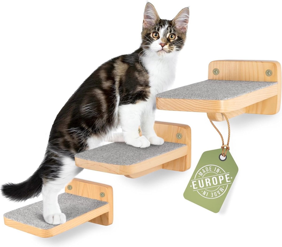 WOOWOOD Kattenklimwand XL – Set Van 3 – Kattentrappen Voor Aan De Muur – Massief Hout – Antislip Vlies – Belastbaar Tot 35 Kg – Europese Productie