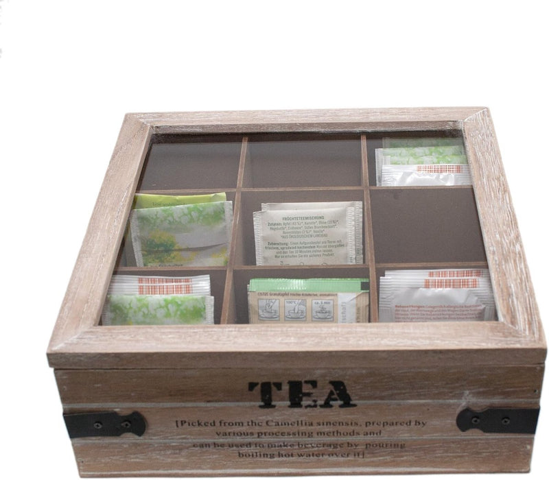 Theedoos grote theebus 24 x 24 x 8,5 cm (L x B x H) Theedoos met 9 vakken Houten theezakjesdoos met deksel in vintage look