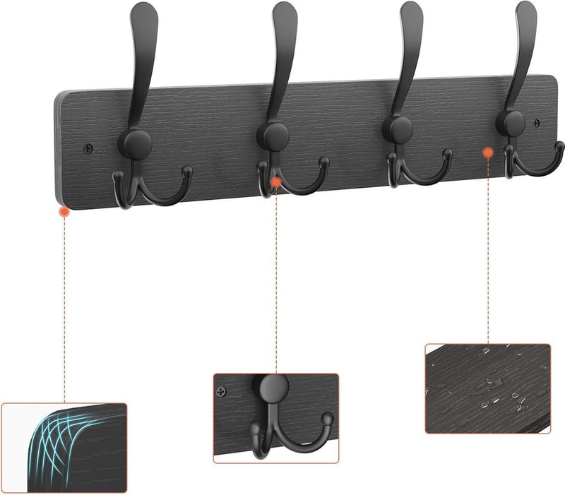 Garderobehaken, kapstok met 4 drievoudige haken in zwart, 42 cm, wandgarderobe voor mantels, jassen, hoeden, tassen, voor hal, garderobe, badkamer, zwart