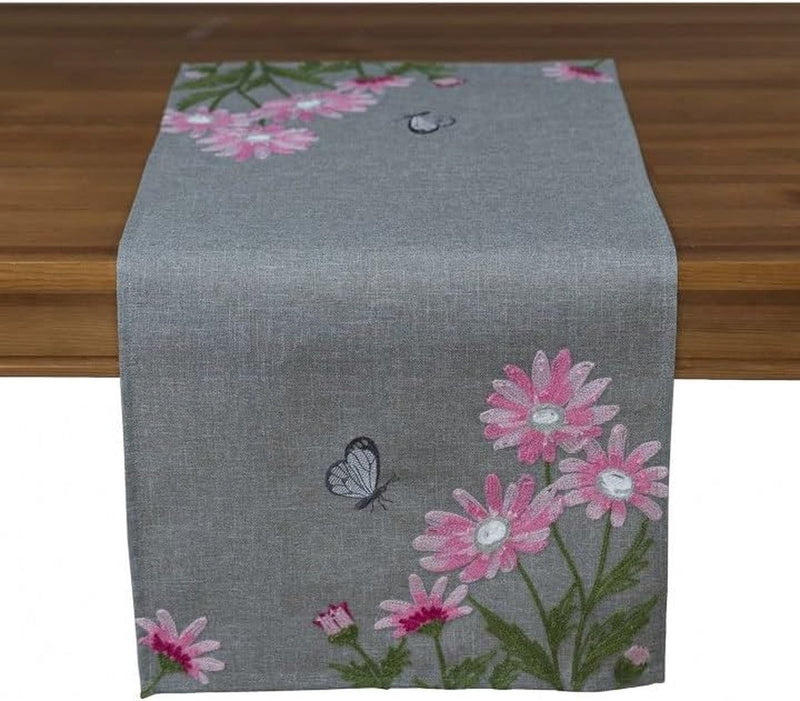 Tafelkleed Middeldeken/tafelloper, kussenhoes, grijs gebloemd, crankborduurwerk met roze margrieten en witte vlinder (40 x 85 cm)