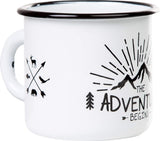 Emaille mok met het gezegde dat het avontuur begint, 330 ml, campingmok, kampeeruitrusting, retro-design, wit