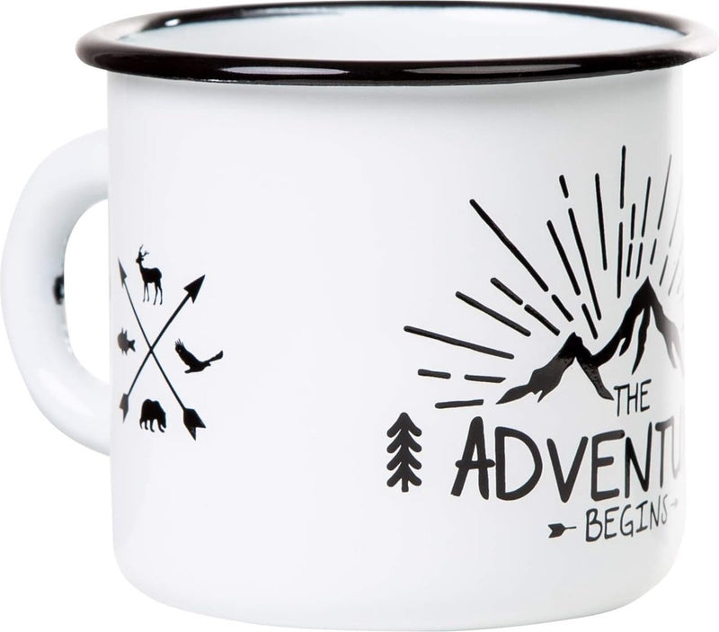 Emaille mok met het gezegde dat het avontuur begint, 330 ml, campingmok, kampeeruitrusting, retro-design, wit