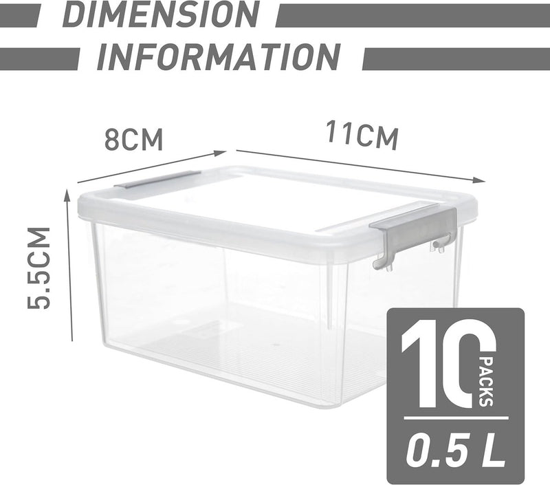 Opbergdoos, kleine opbergdoos, met deksel, stapelbaar, handgreep, clips, kleine onderdelen (500 ml, 10-delige set)