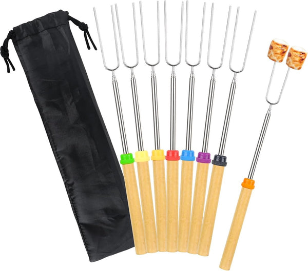 Barbecuespiesjes van roestvrij staal 8 stuks Barbecuevorken Uitschuifbaar roestvrij staal met houten handvat Telescopische marshmallow-kebabspiesjes Barbecuebestek BBQ-stick Broodspiesjes voor