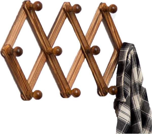 Garderobelijst, hout, garderoberek met 10 stiften, uitbreidbaar, kledinghaken, accordeon, wandhanger, garderobehaken voor het ophangen van mantels, hoeden, sjaal