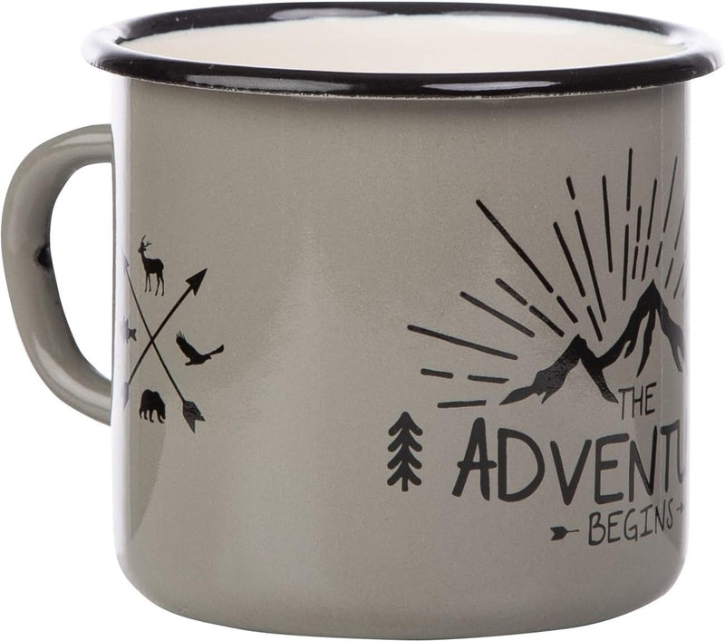 Emaille mok met spreuk The Adventure Begins, 330 ml, campinguitrusting, retro design, grijs