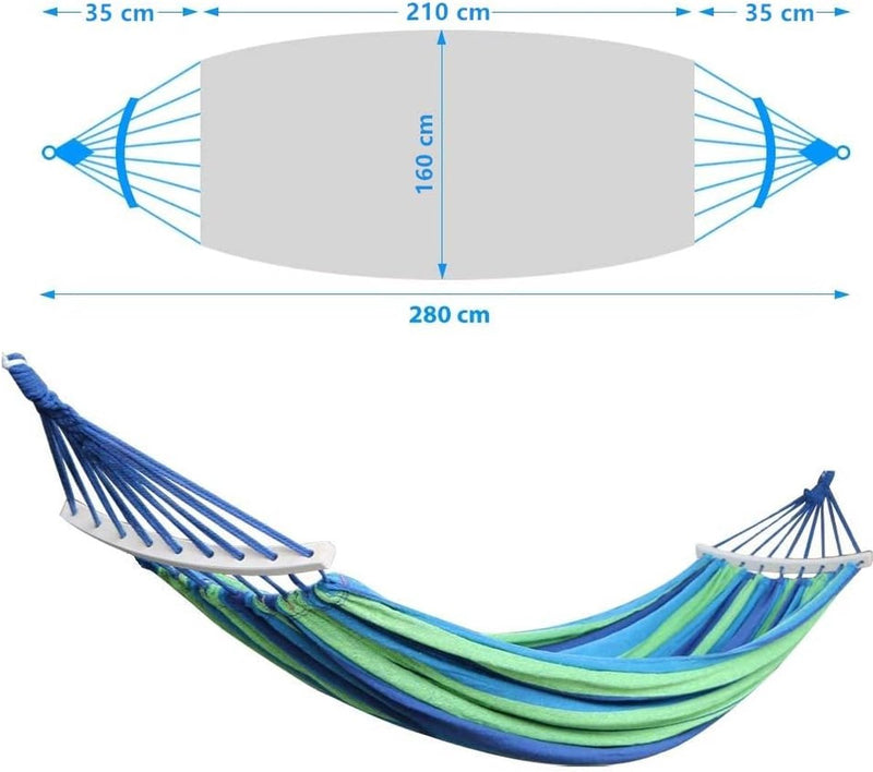 Outdoor katoenen dubbele hangmat met draagtas, voor binnen, balkons, tuinen, reizen, kamperen, strand, 300 kg draagvermogen, 280 x 150 cm