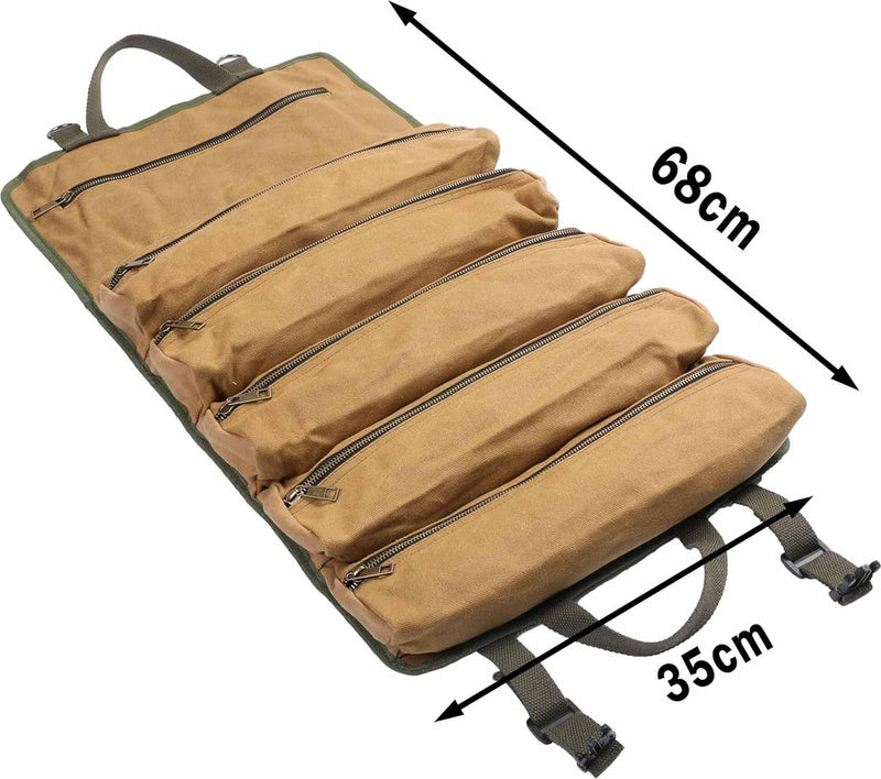 Roltas voor gereedschap, van gewaxt canvas, grote moersleutelrol met 6 vakken met ritssluiting, multifunctionele roltas