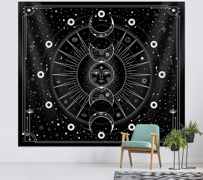 Wandtapijt maanfasen wanddoek zwart wandtapijt maan wanddecoratie psychedelisch tapijt gothic wandtapijten wandtapijt trippy wanddoek muur opknoping muur deco 180x230cm