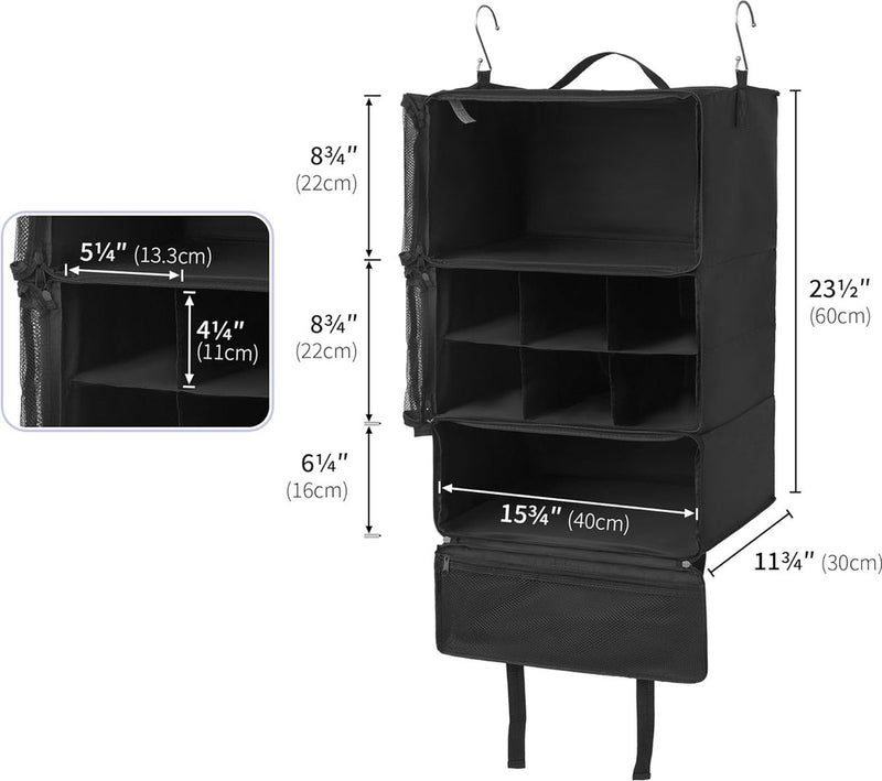 Hangende plankstof met 3 compartimenten, Kofferorganizer Hangend, Opvouwbare Garderobeorganizer Hangend, Draagbare Reisplank, Zwarte Bagageorganizer, Draagbare Hangende Reisorganisator