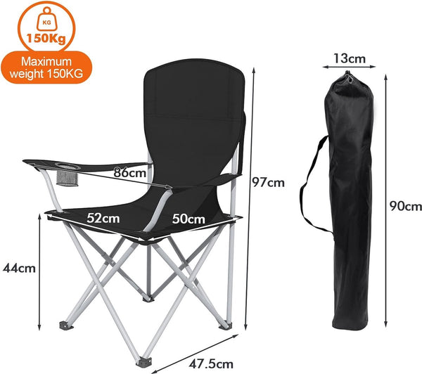 Opvouwbare campingstoel set van 2, opvouwbare met bekerhouder, hoge rugleuning, opvouwbare campingstoel met armleuningen en draagtas, campingstoelen lichtgewicht, draagbaar, tot 150 kg