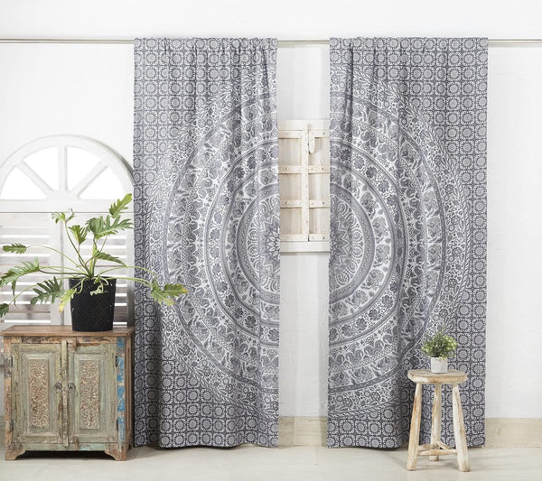 Indian Hippie Gordijn Boheemse Stijl Olifant Mandala Grijs Zilver