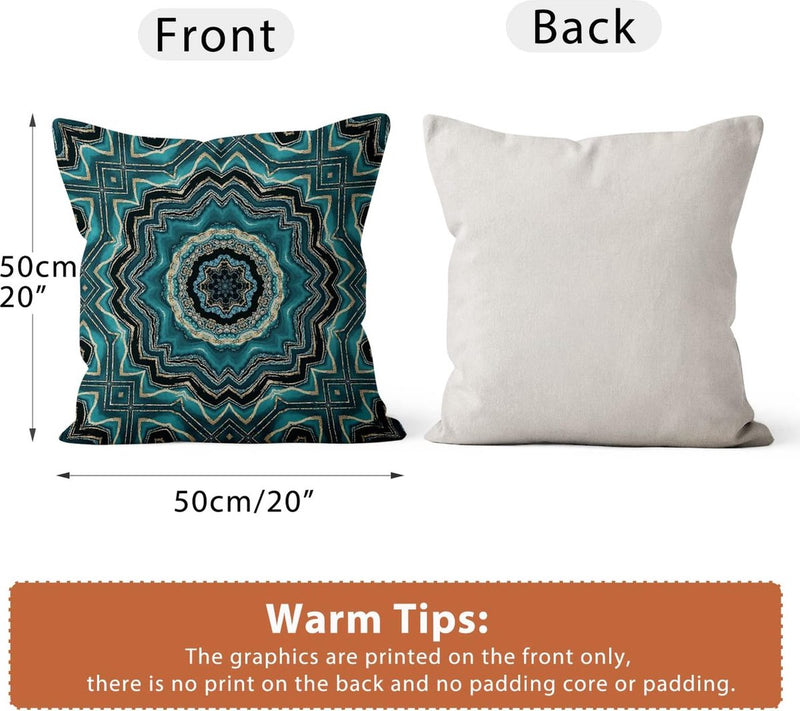 Boho Cushion Cover, 50 x 50 cm, Set of 4, Retro Geometric Pattern, Blue Gold Sofa Decorative Cushion Covers, Washable Polyester Flax Textile, Outdoor Upholstery Pillowcase Cushion Cover