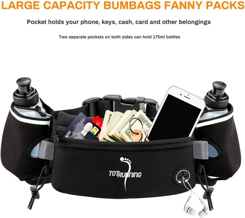 Hardloopriem met ritsvak, 2 bidons, 2 elastische banden en riemen. (Zwart zwart)