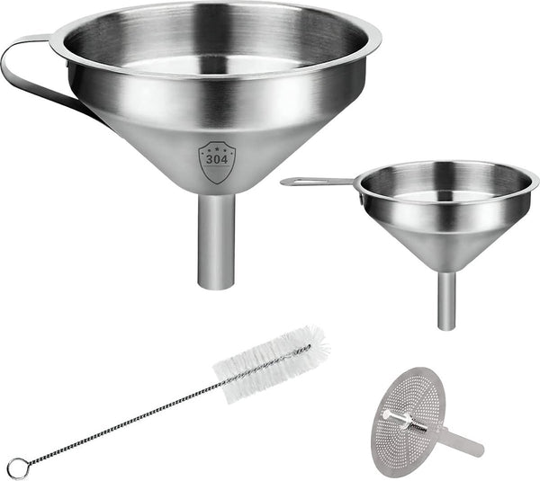 Trechterset voor levensmiddelen, 2 stuks trechter roestvrij staal 304 (klein, groot) en filter, 5 inch keukentrechter met afneembare zeef en buisborstel