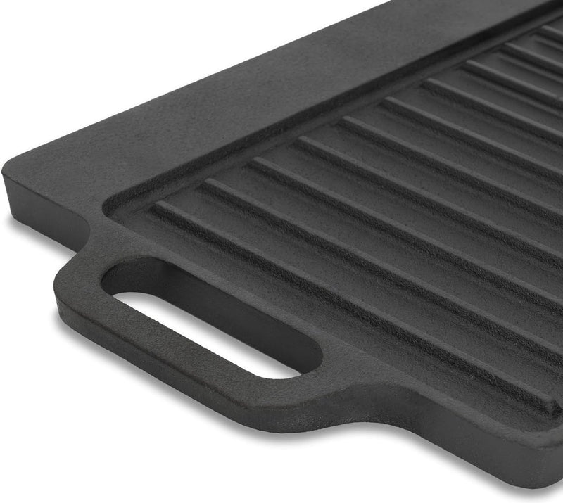 Gietijzeren grillplaat met handgrepen, 40 x 20,5 cm, grillpan, aan beide zijden bruikbaar, rechthoekig, universeel en massief, grillplaat voor houtskool en gas, grillaccessoires, grillschaal