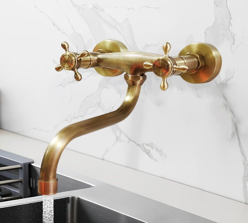 360° draaibare wandmontage keukenkraan, messing antiek dubbele hendel wandarmatuur retro wandkraan spoelbakarmatuur voor keuken zwembad badkuip