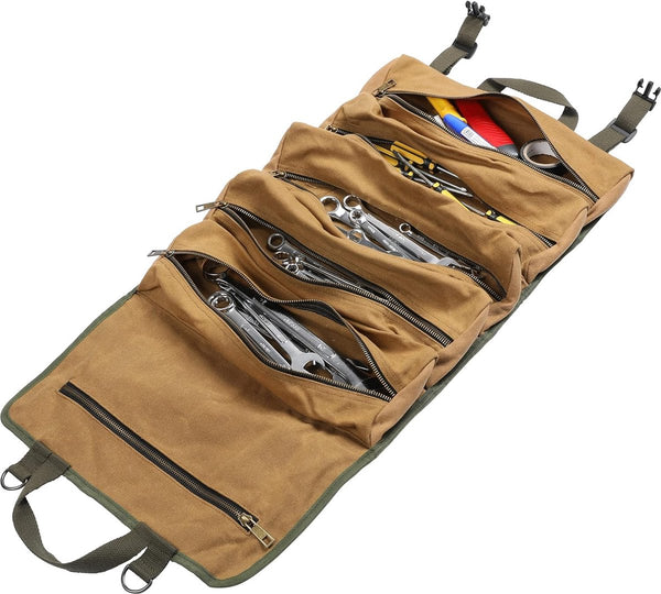 Roltas voor gereedschap, van gewaxt canvas, grote moersleutelrol met 6 vakken met ritssluiting, multifunctionele roltas