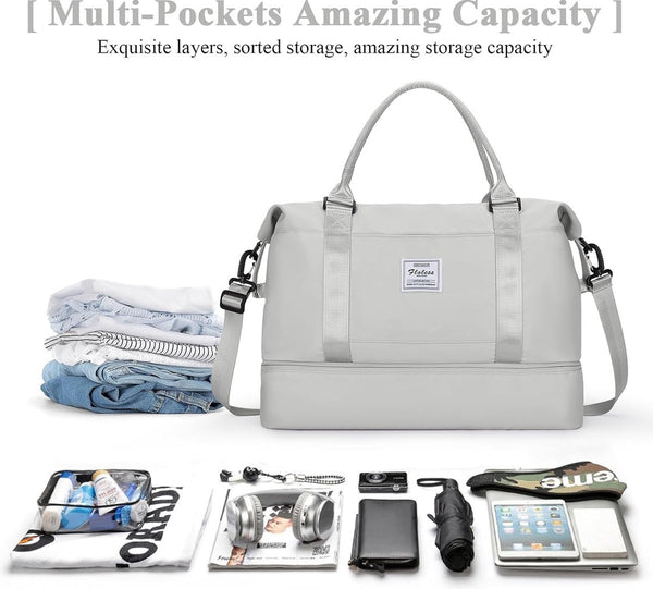 Reistas voor dames, handbagage, tas, sporttas, weekendtas, zwemtas, waterdicht, reistas, duffle bag, fitnesstas, trainingstas, ziekenhuistas met schoenenvak, G15 lichtgrijs