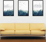 Designposters, 3-delig, bos en vogels in de mist, zonder lijst, decoratie
