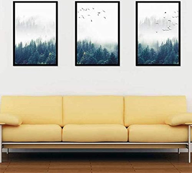 Designposters, 3-delig, bos en vogels in de mist, zonder lijst, decoratie