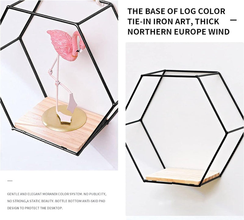 Set van 3 hexagon wandplanken, hangrek, metaal en hout, zwevend rek, wandopslag, organizer voor keukenrek, badkamer, slaapkamer, wanddecoratie (zwart)