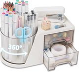 2 Lade Roterende Bureau-organizer Penhouder Bureau-organizer en opslag met 4 compartimenten + Lade voor kantoor, thuis en kunstbenodigdheden