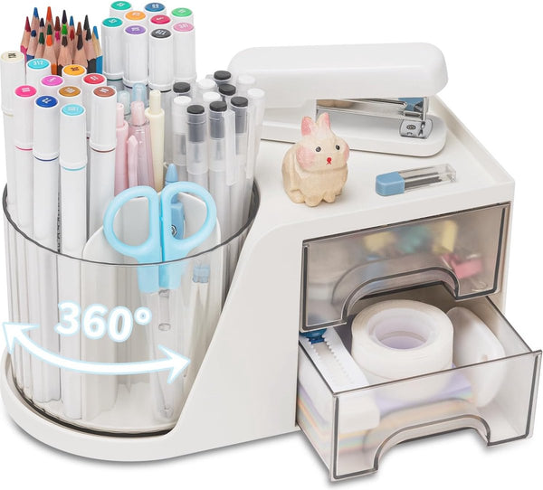 2 Lade Roterende Bureau-organizer Penhouder Bureau-organizer en opslag met 4 compartimenten + Lade voor kantoor, thuis en kunstbenodigdheden