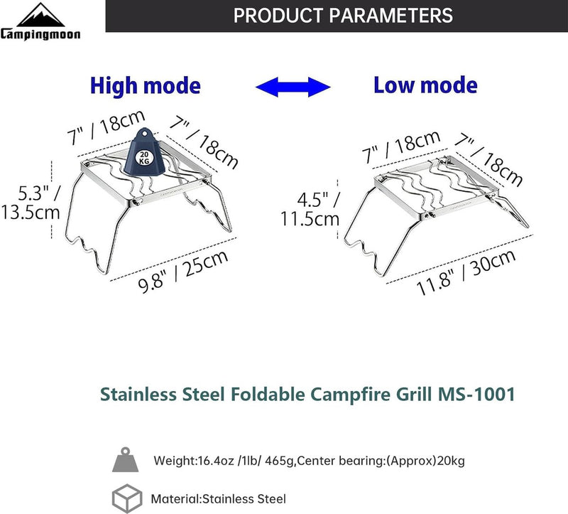 Campingmoon Mini kampvuur opvouwbaar grillrooster 304 roestvrij staal draagbaar met draagtas op poten