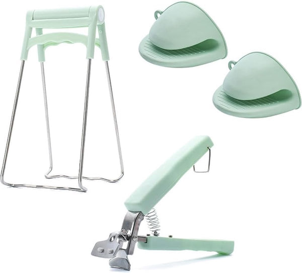 Set van 3 komclips, komgrijper, hete schotelplaat, komclip, roestvrijstalen komclip met antislip siliconenhandvat voor het optillen, hete kommen, kompot (Nordic Green)