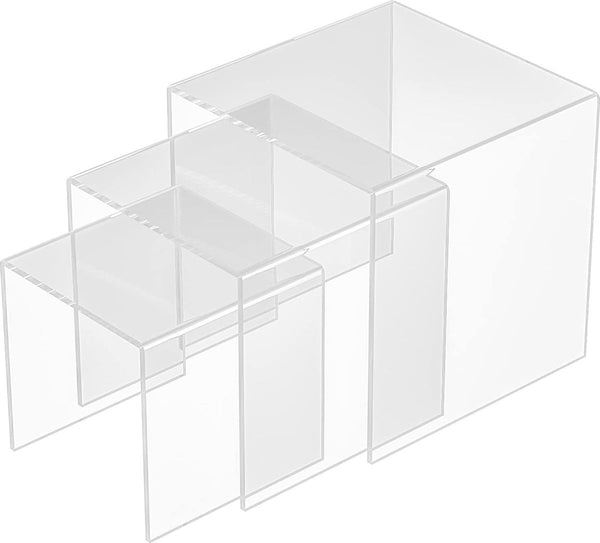 Clear Acryl Risers 3-delig, vierkant acryl display standaard voor levensmiddelen, tafelblad, display rek voor verkopers, verzamelobjecten, Funko Pop, parfum, kleine planten, 12,7 x 15,2 x