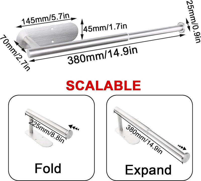 Handdoekhouder zonder boren, zilver 304 handdoekhouder, geborsteld roestvrij staal, uittrekbare handdoekstang om te plakken, voor badkamer en keuken, 23 tot 38 cm