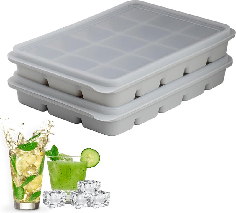 IJsblokjesbakje, siliconen ijsblokjesbakje met deksel, 2 stuks, 30 vakken Siliconen ijsblokjesbakje, voor cocktails, whisky, wijn, fruit, fruitpuree, ijs, ijsthee (grijs + grijs)