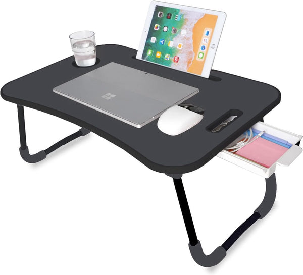 Opvouwbare laptoptafel, bedblad, leesstandaard, computerbureau, ontbijtblad, bijzettafel, tafel voor werk, leren, ontbijt of films kijken (zwart met lade)