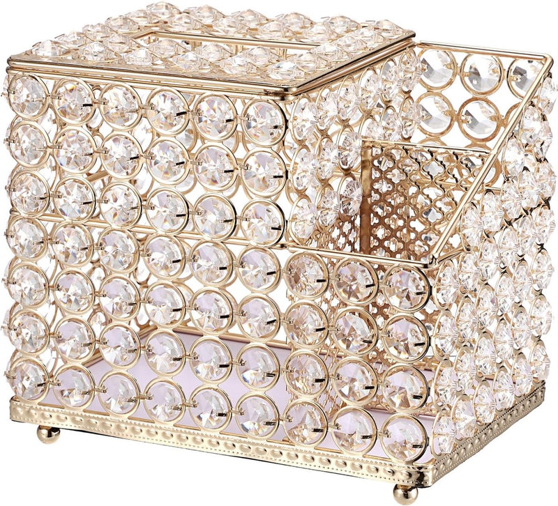 Household Cube Vierkante Tissuehouder Box met Multifunctionele Organizer Zijvak voor Afstandsbediening Vanity Make-up Cosmetics Pen Pencil (Goud)