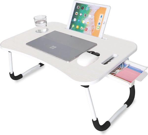 Inklapbare laptoptafel, beddienblad, leesstandaard, computertafel, ontbijtdienblad, bijzettafel, tafel om te werken, leren, ontbijten of films kijken (wit met lade)