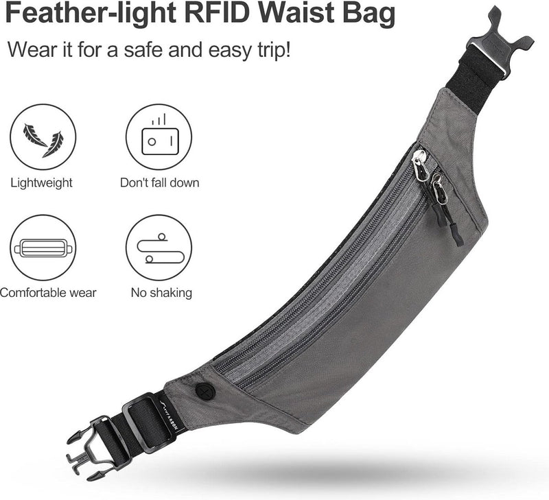 Heuptas voor dames en heren, platte heuptas, voor reizen, sport, RFID-bescherming, waterdicht, joggen, fietsen, reizen, hardlopen, grijs, een grotere opbergruimte aan te bieden