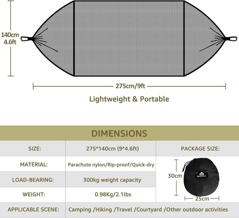 Ultra-Light Reizen Camping Hangmat, klamboe, hangmat, 300 kg draagkracht, ademend, sneldrogend parachute-nylon, 2 premium karabijnhaken, 2 nylon lussen inclusief zwart