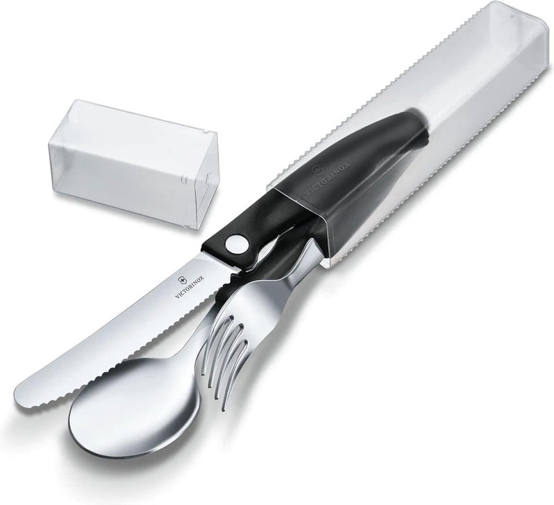 Swiss Classic, professioneel opvouwbaar tafelbestek, 3-delig, extra scherp lemmet, gekarteld, 11 cm, robuuste kunststof handgreep, roestvrij staal, zwart