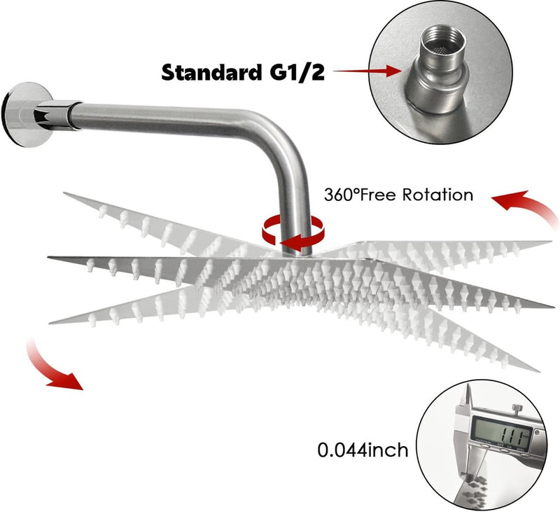 Regendouche 12 inch regendouchekop, vierkante inbouwdouchekoppen, douchekop, waterval, regendouche van roestvrij staal met anti-kalk sproeiers