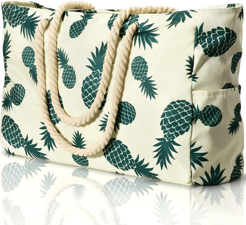 Strandtas Gestreepte draagtas Zwemtas Waterdichte strandtas Groot met ritssluiting Shopper Damesstrandtas XXL Familieboodschappentas Schoudertas Effen tas Reistas, Ananas, Strandtas