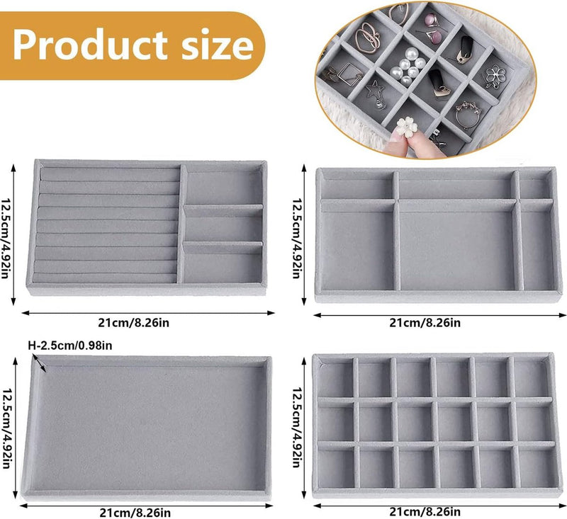 Sieradenopbergdoos, lade, sieradenorganizer, sieradendienblad, stapelbaar, sieradenorganizer voor sieraden, lade-inzet, opbergsysteem, oorbellen, armband, ringen, 4 stuks, grijs