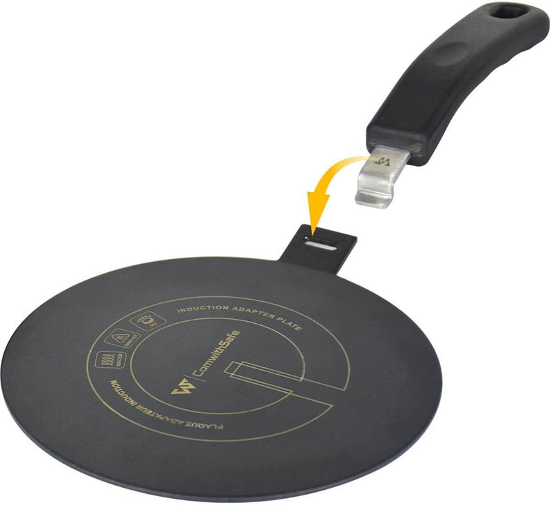 Inductieadapter 20 cm - verwijderbaar isolerend handvat - verandert niet van kleur na gebruik - warmteverspreiderplaat met zwarte coating voor hoge temperaturen - schijfrelais inductie/gas