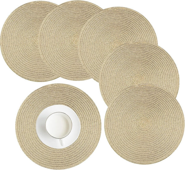 Set van 6 ronde gevlochten placemats, afwasbaar, goud, rond, wasbaar, hittebestendig, voor Kerstmis, bruiloft, feest, keuken, decoratie, 38 cm