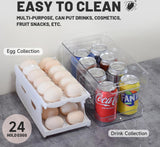 Eiercontainer voor koelkast, dubbelsporige automatische rollende eierhouder voor koelkast, opbergdoos met deksel voor eten, drinken enz. (Parelwit)