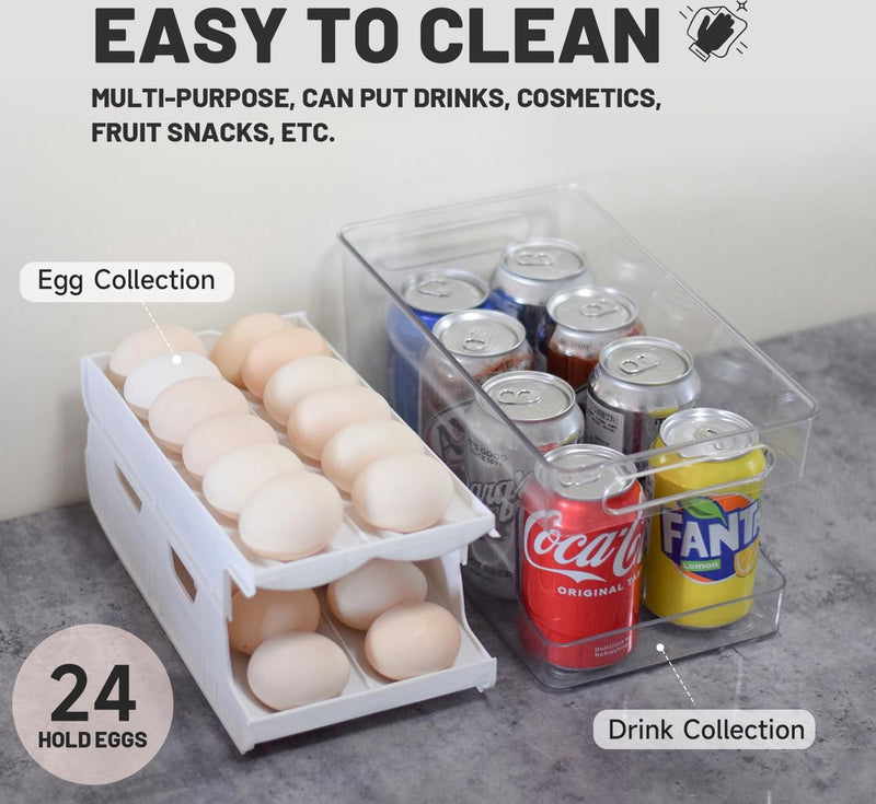 Eiercontainer voor koelkast, dubbelsporige automatische rollende eierhouder voor koelkast, opbergdoos met deksel voor eten, drinken enz. (Parelwit)