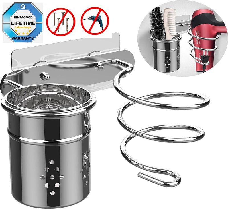 Föhnhouder roestvrij staal, haardrogerhouder zonder boren, zelfklevende houder, glanzend gepolijst roestvrij staal (föhnhouder)