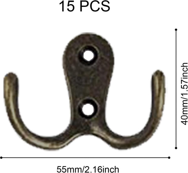 15 stuks dubbele wandhaken, wandjashaken en 10 stuks zwanenhals-haken, kledinghaken met schroeven, voor garderobehaken, badkamer, keuken, retro