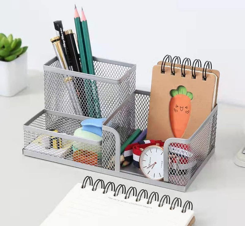 Kinderen potloodhouder draad metaal kantoor pennenhouder penorganisator vierkant metalen gaas kantooropslag kaptafel (zilver)